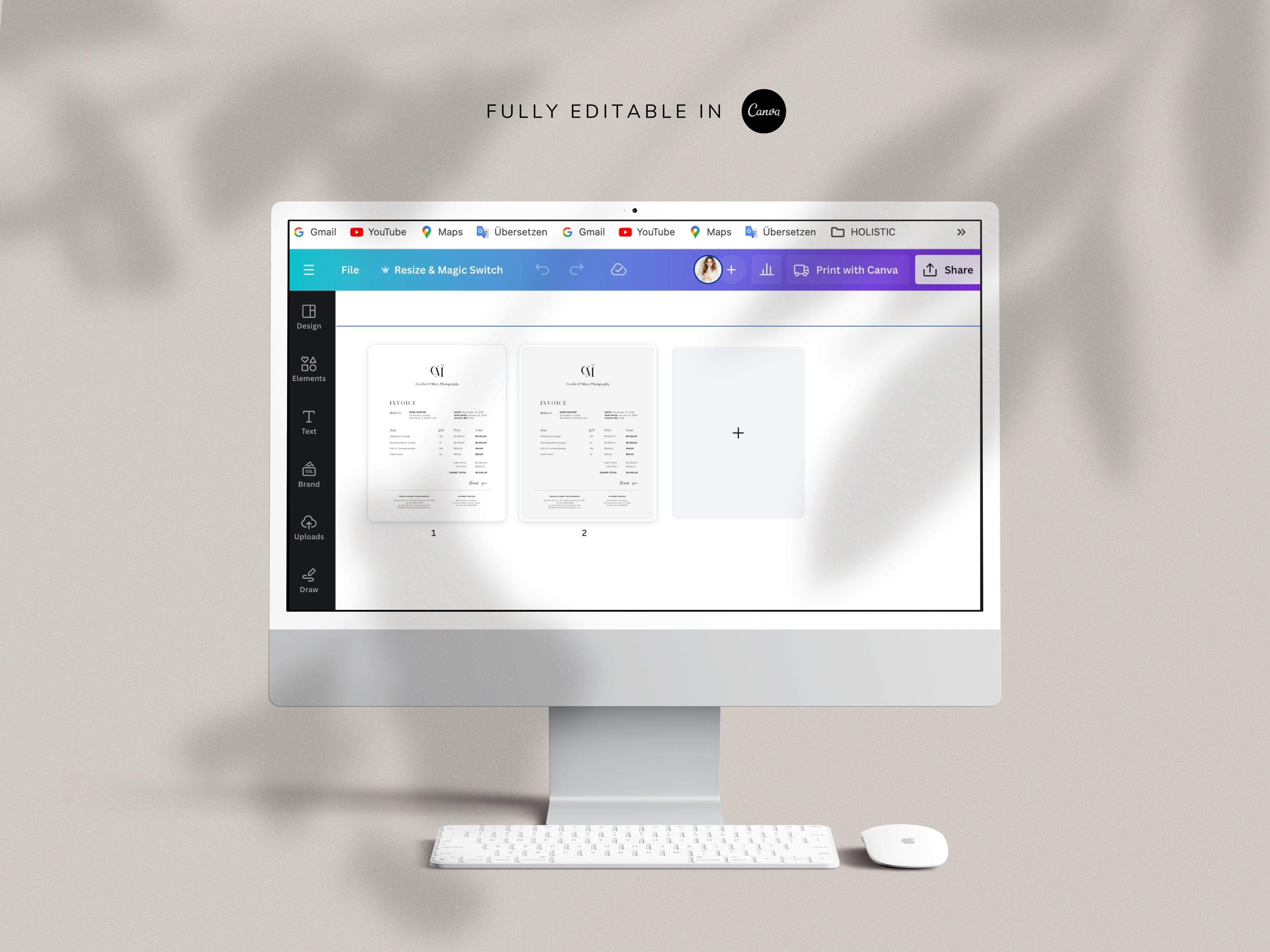 modern elegant canva invoice billing form template for photographers and small business by white tint design