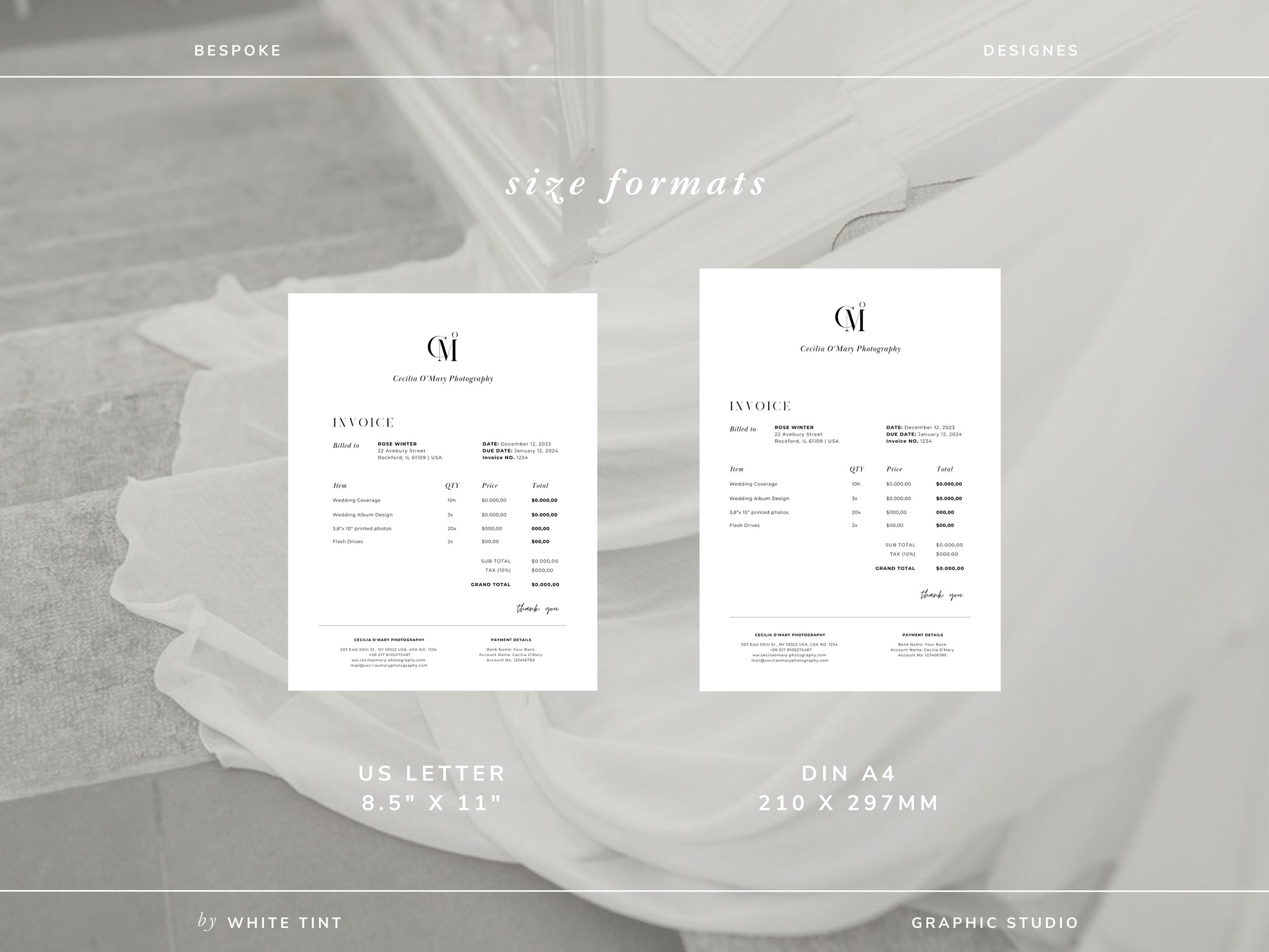 modern elegant canva invoice billing form template for photographers and small business by white tint design