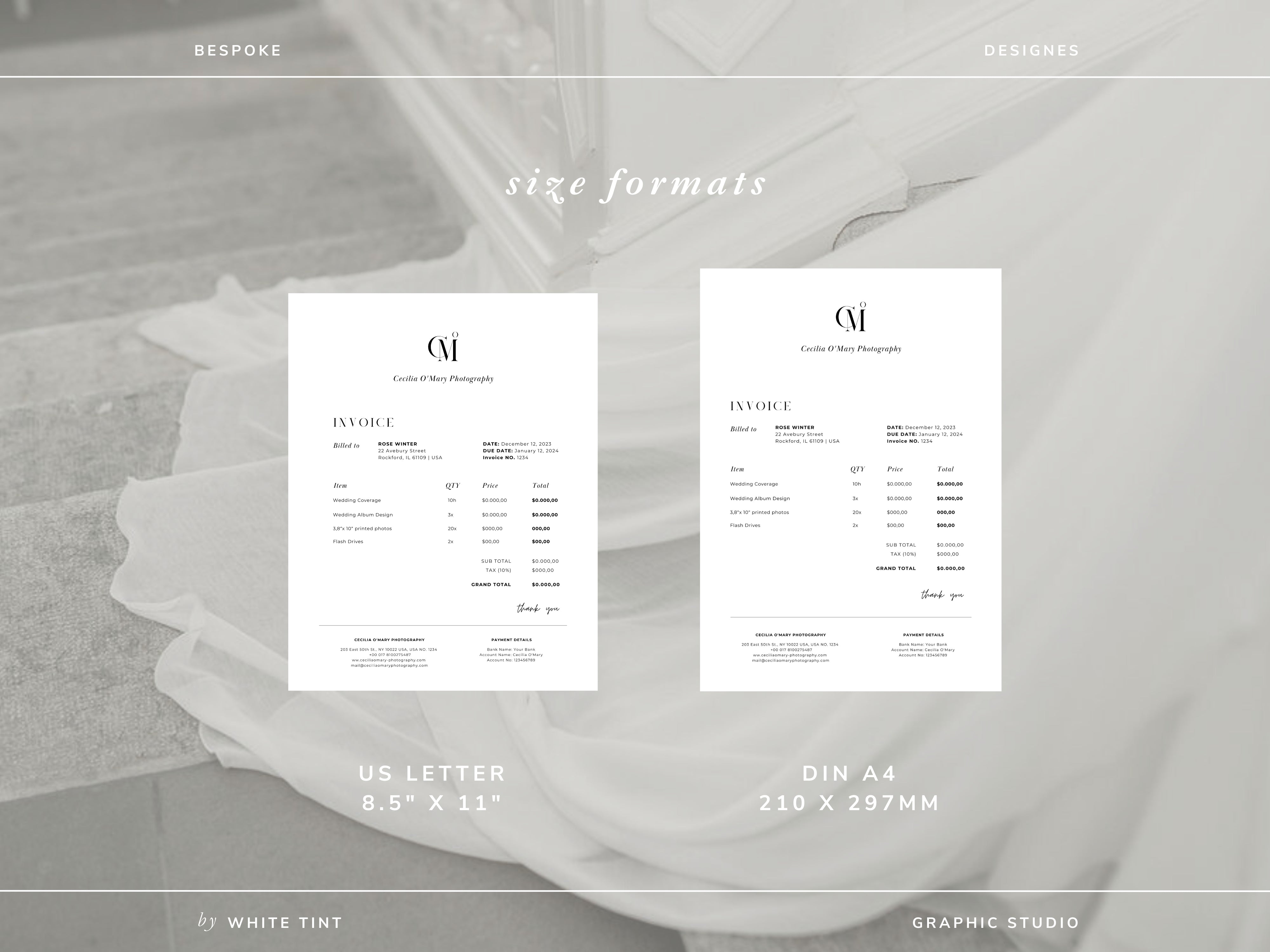 modern elegant canva invoice billing form template for photographers and small business by white tint design