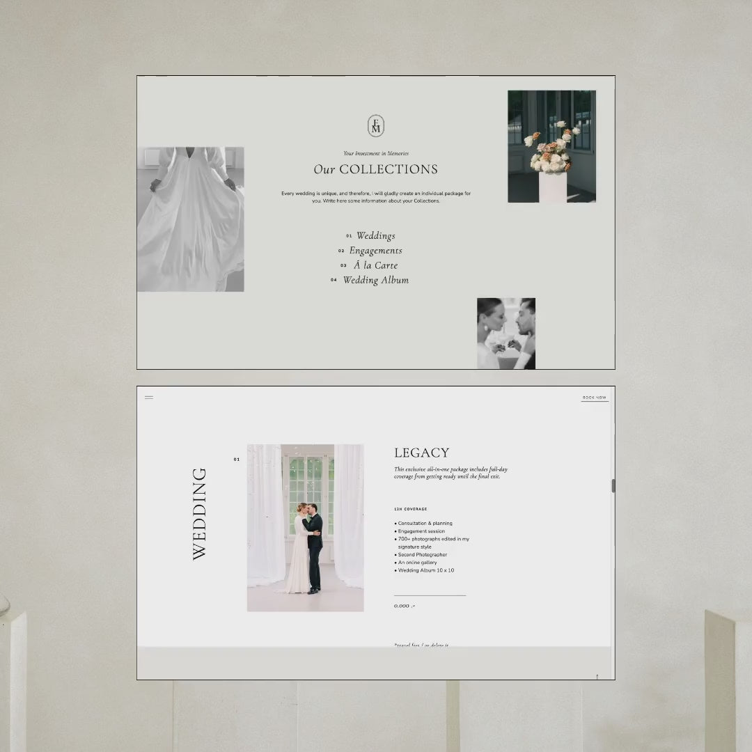 Load video: Modern Romance Showit Investment Guide Template for wedding photographers featuring customizable pricing packages
