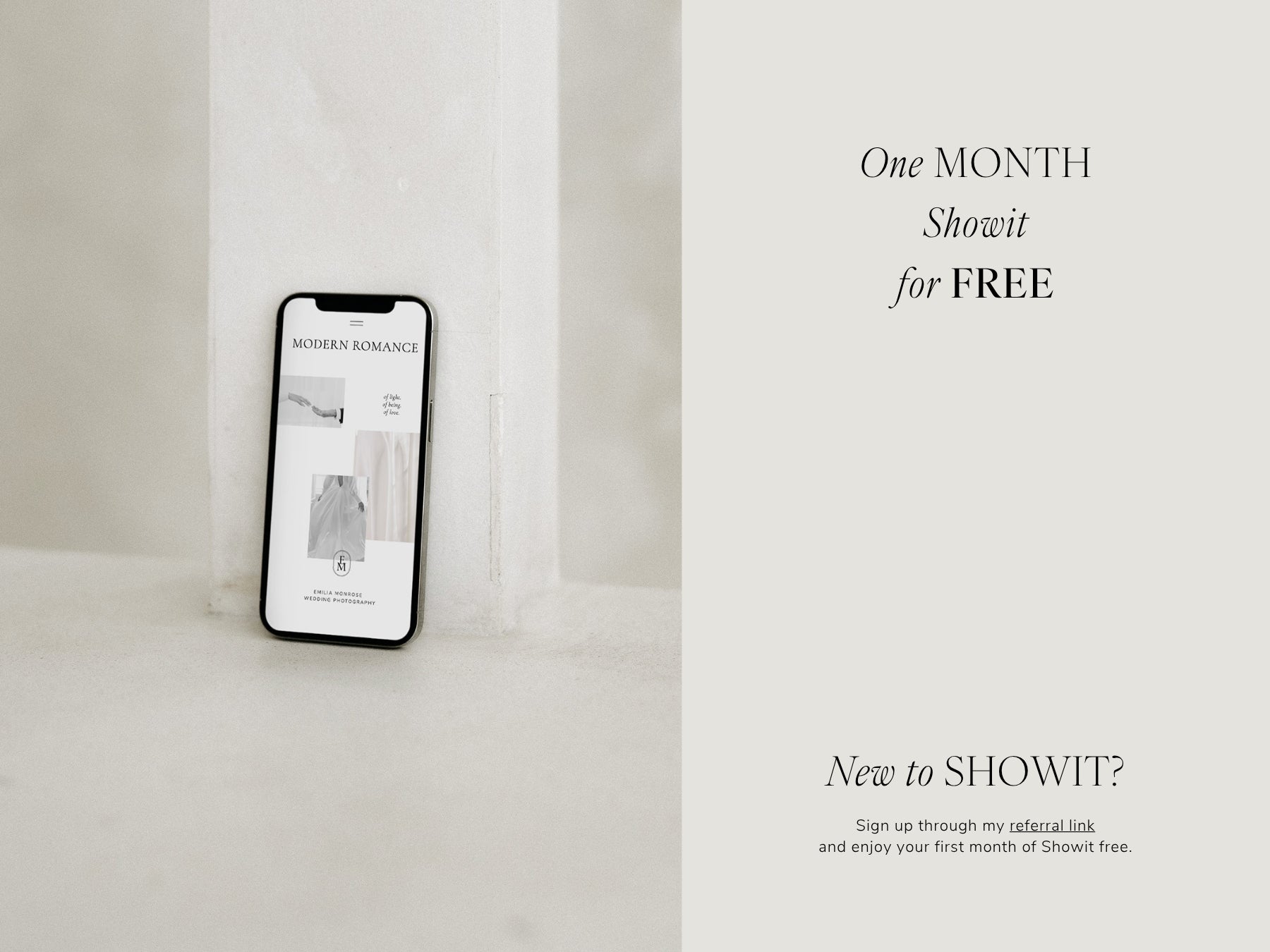 Editorial-inspired Showit website template for wedding photographers with responsive desktop and mobile layouts. free month showit referral link