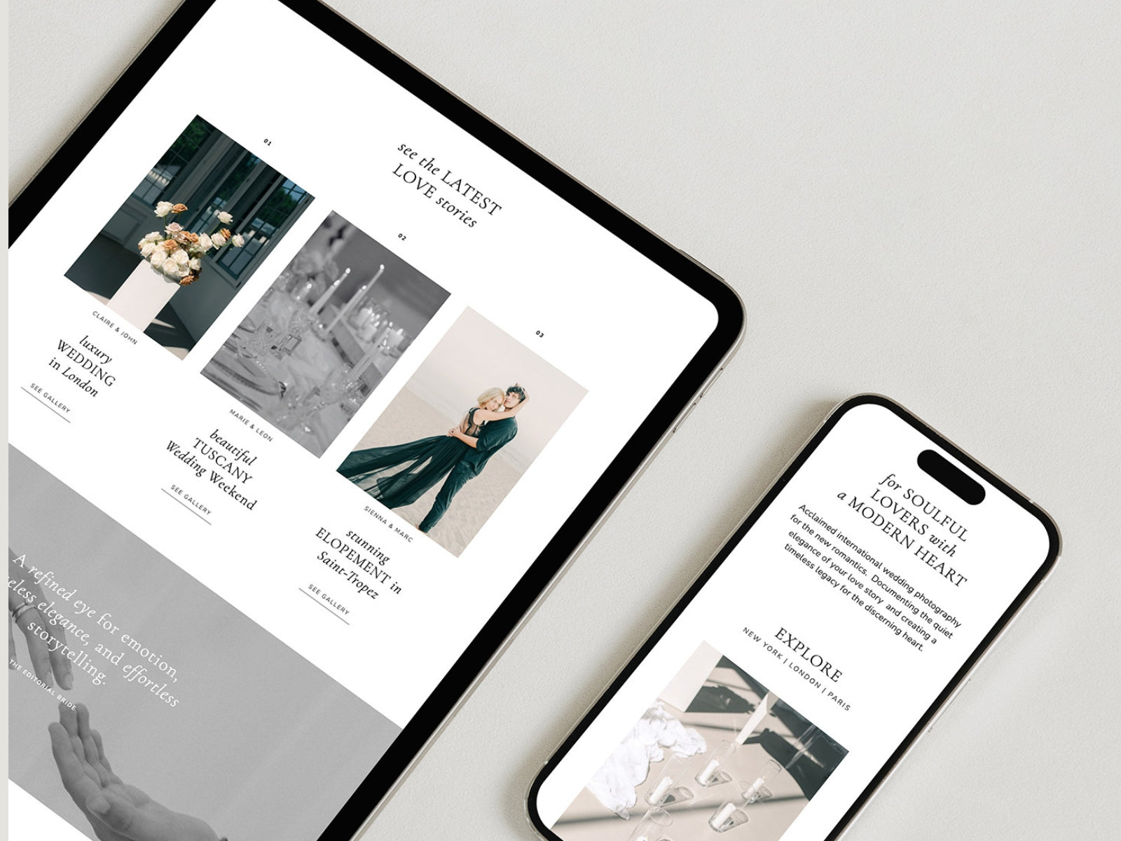Editorial-inspired Showit website template for wedding photographers with responsive desktop and mobile layouts. Gallery links layout