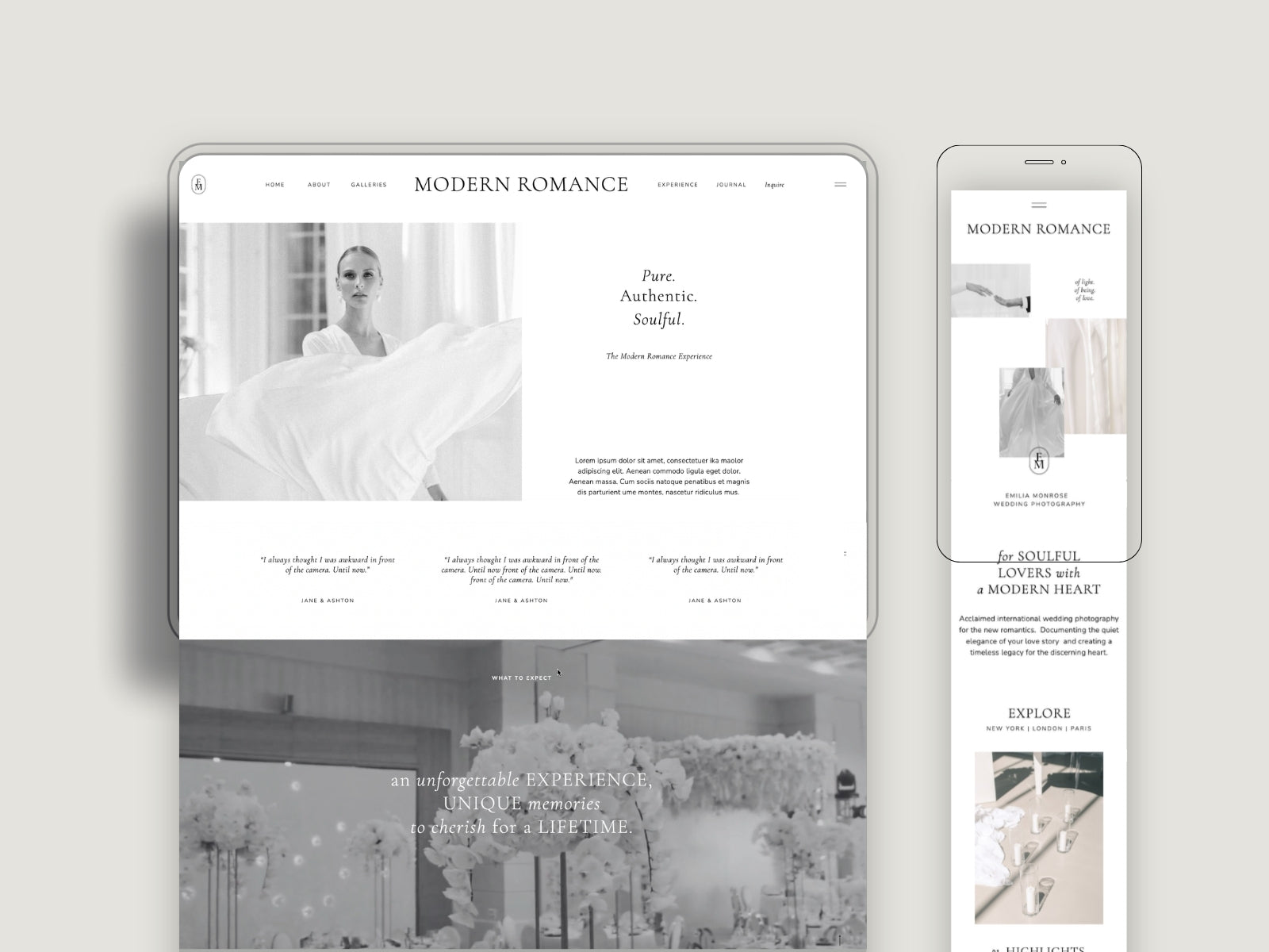 Editorial-inspired Showit website template for wedding photographers with responsive desktop and mobile layouts. responsive design