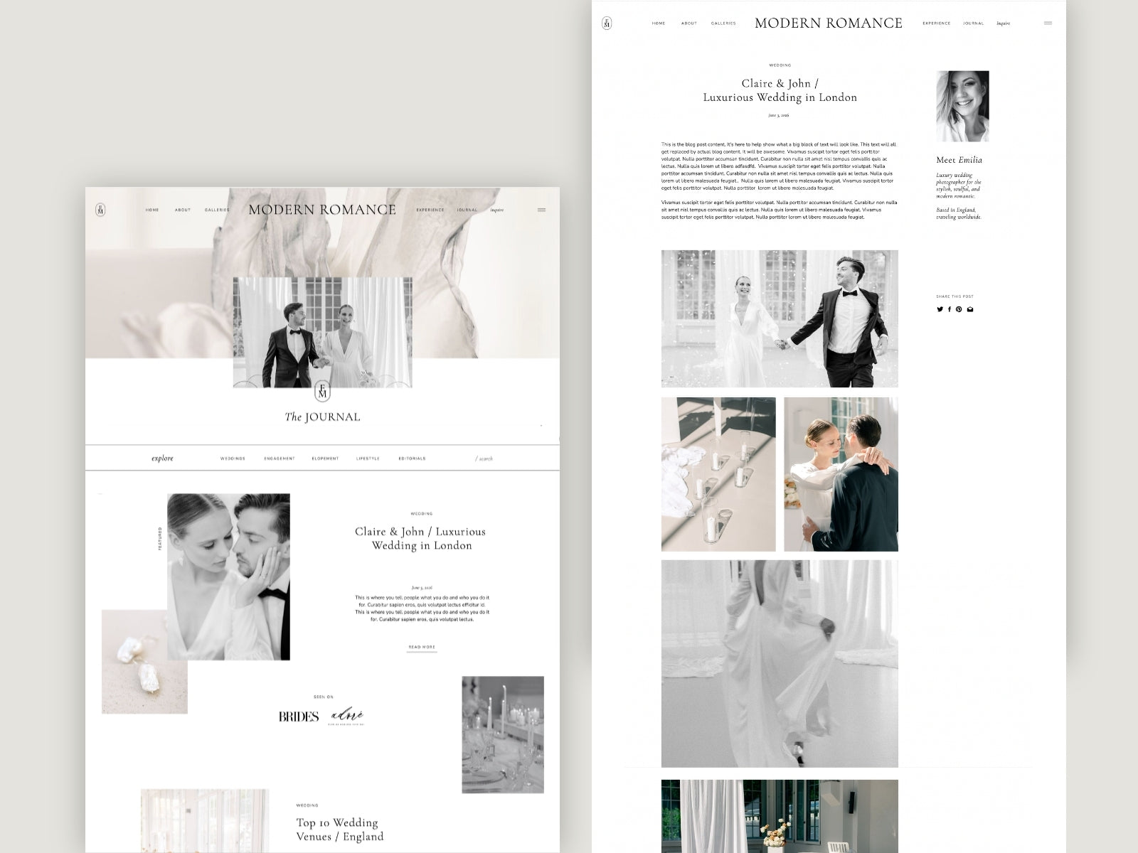Editorial-inspired Showit website template for wedding photographers with responsive desktop and mobile layouts. Wordpress blogpost layouts
