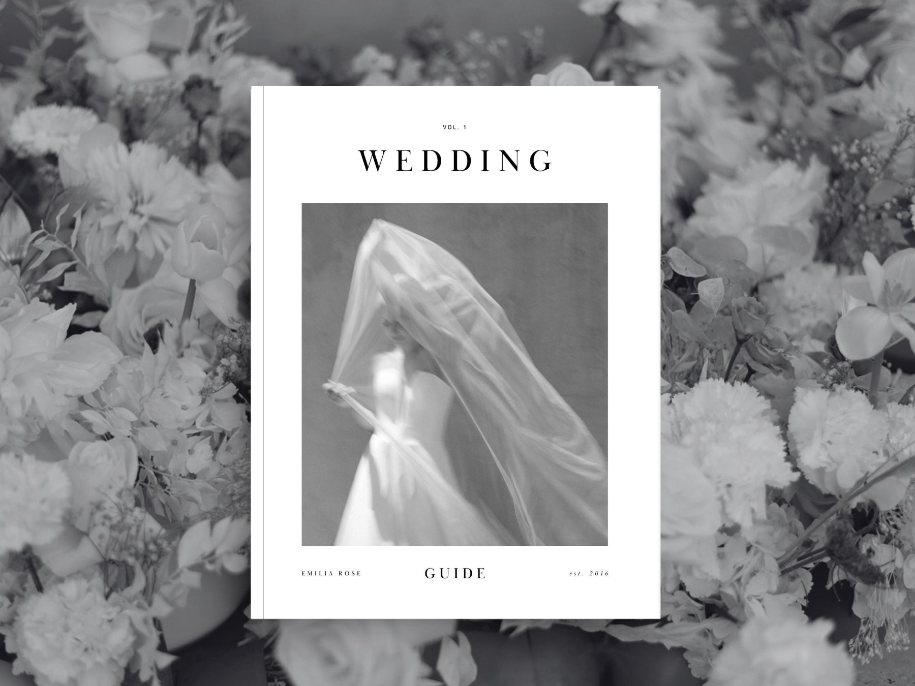 Booklet titled 'Wedding Guide' with a veil and floral background, mordern magazine template for wedding photographers
