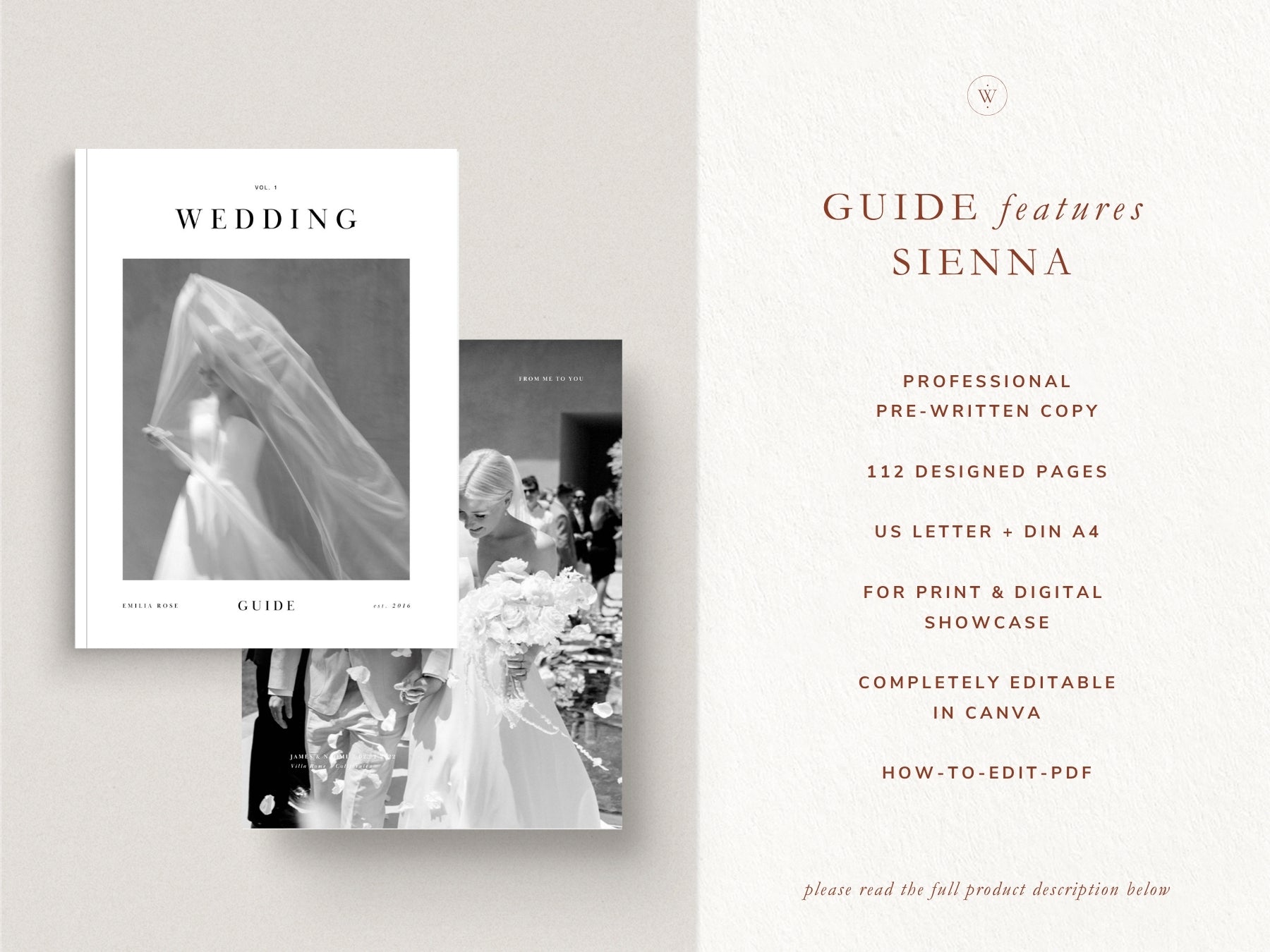 Wedding guide Canva template for photographers with black and white images of a bride and groom, featuring the brand 'Sienna'.