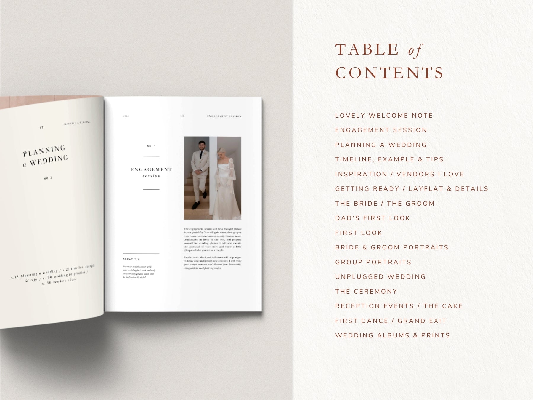 Open magazine showing a wedding planning guide template from a canva template 