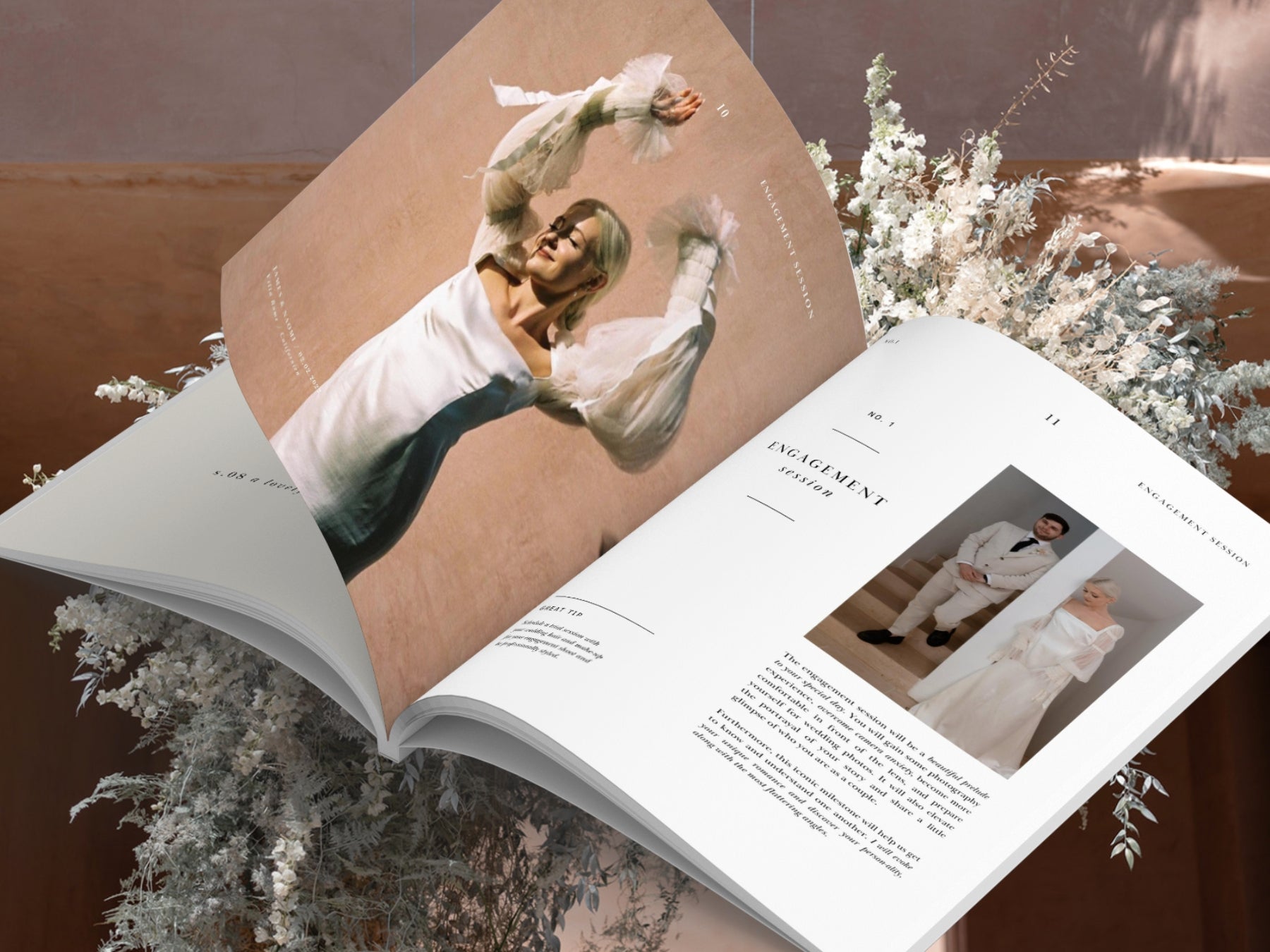 Open book with wedding-themed page layouts on a decorative background with flowers from a canva magazine template for photographers