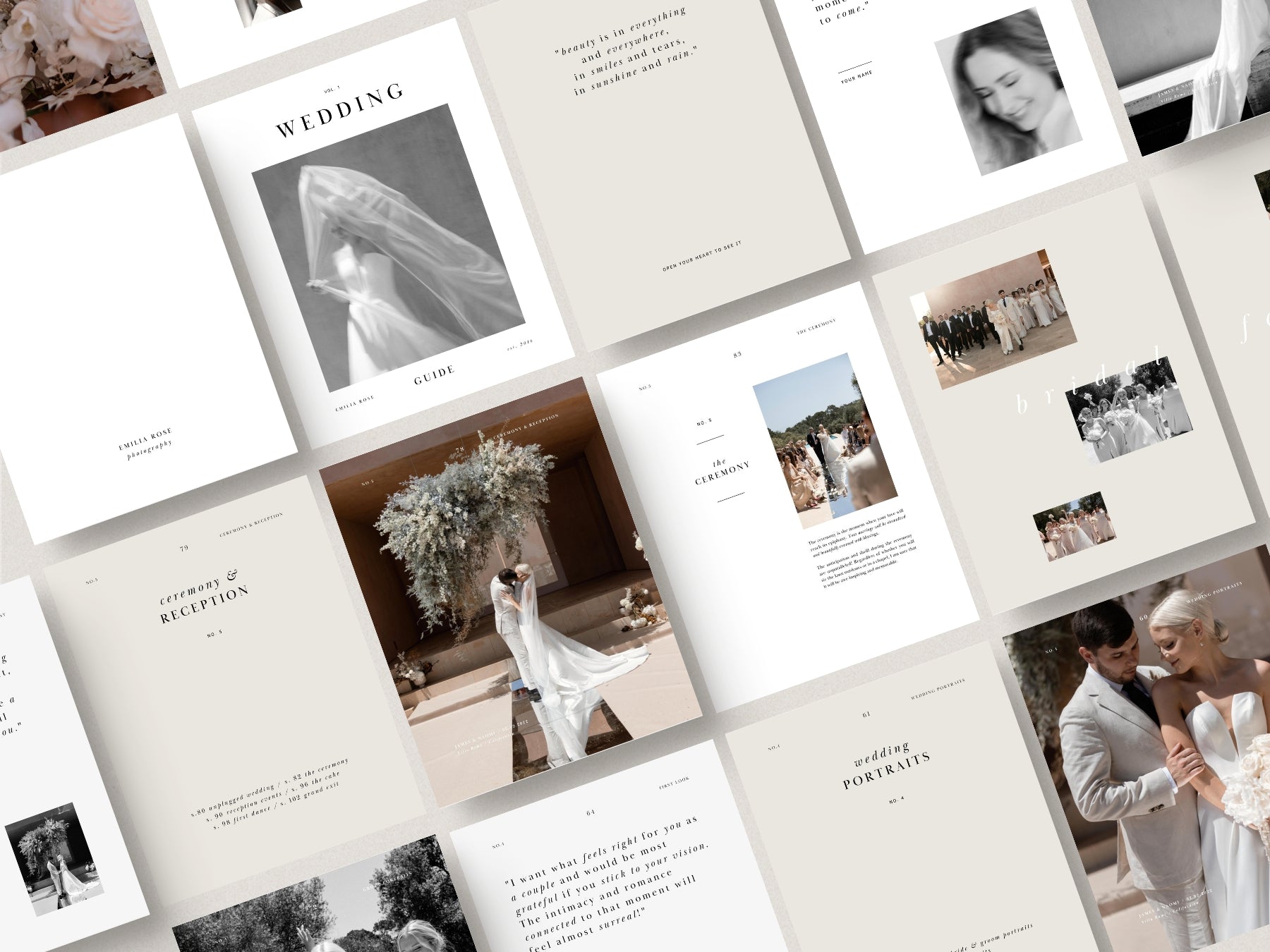 collection of wedding photography magazine page layouts from a canva template