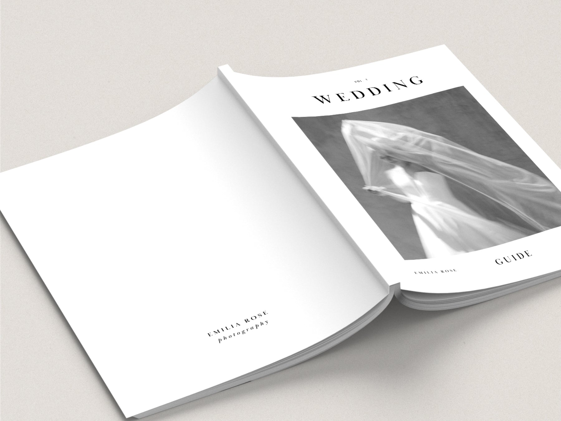 Open magazine titled 'The Wedding Guide' with a black and white photo of a bride on a light gray background