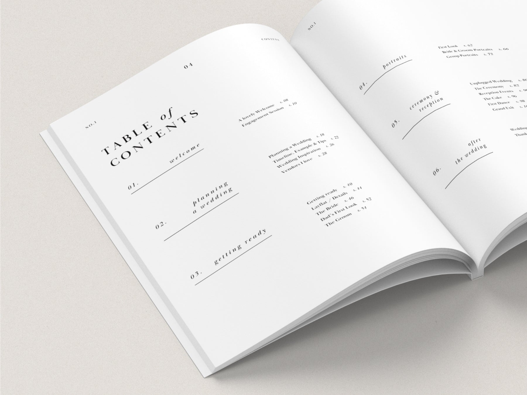Open wedding magazine showing a table of contents on a light gray background from a wedding guide canva tempate for photographers