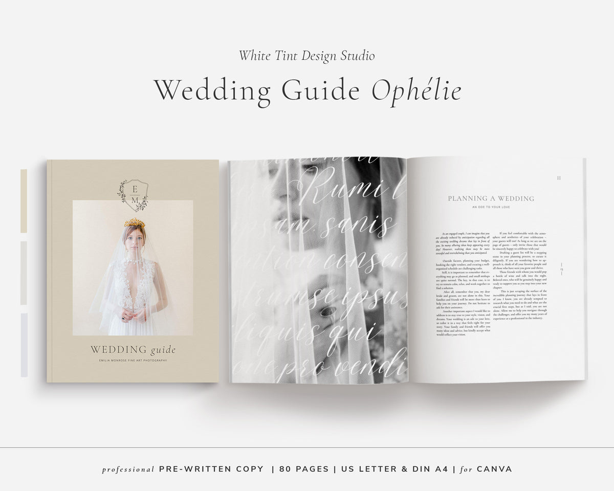 <i>canva</i><br> Wedding Guide Magazine with PREWRITTEN COPY<br> <i>ophélie</i>
