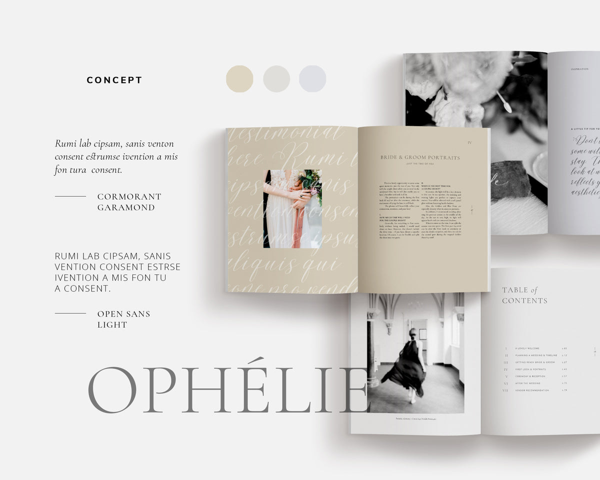 <i>canva</i><br> Wedding Guide Magazine with PREWRITTEN COPY<br> <i>ophélie</i>