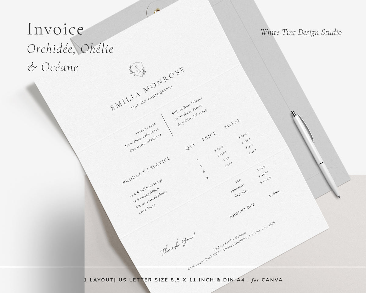 Photo Studio Invoice INVOICE TEMPLATE for Fine Art Wedding Photographers – WHITE TINT ...