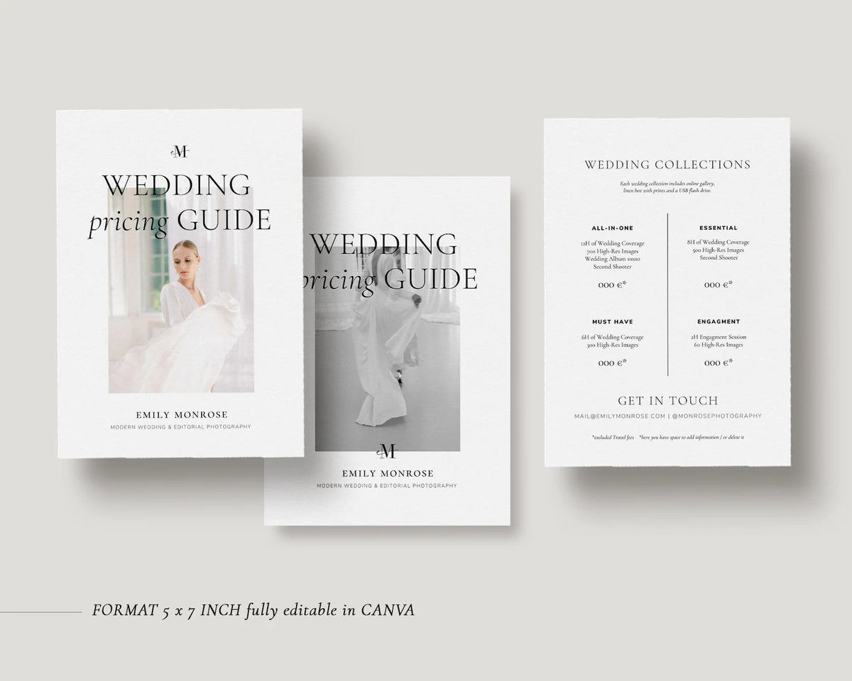 <i>canva</i><br>Wedding Photography Price List Sheet 2<br><i> modern romance</i>