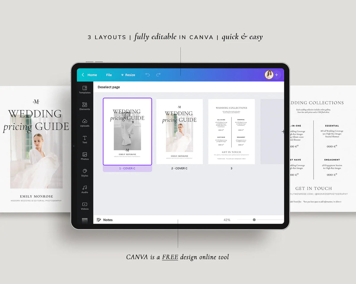 <i>canva</i><br>Wedding Photography Price List Sheet 2<br><i> modern romance</i>