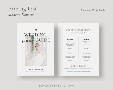 <i>canva</i><br>Wedding Photography Price List Sheet 2<br><i> modern romance</i>