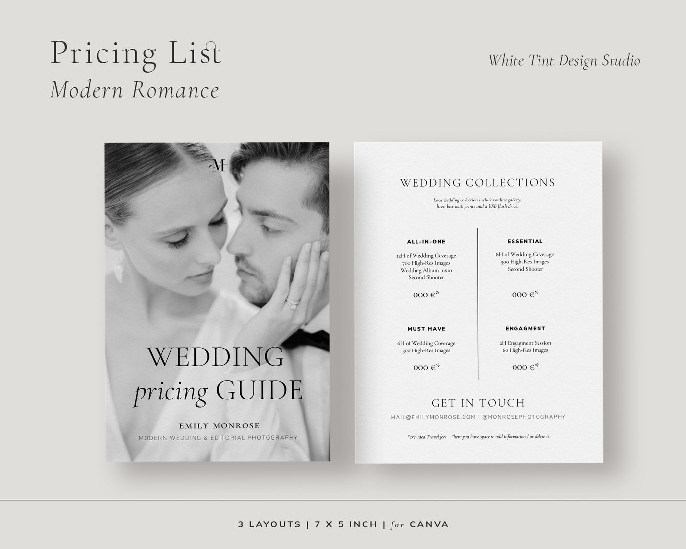 Wedding Photography Price List graphic template for CANVA WHITE