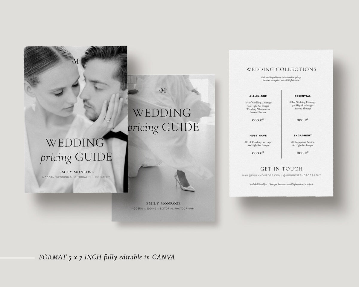 <i>canva</i><br>Wedding Photography Price List Sheet 1<br><i> modern romance</i>